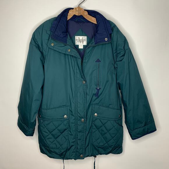 Vintage Forest Green Navy Blue Down Puffer Coat Sz Large - Picture 1 of 6